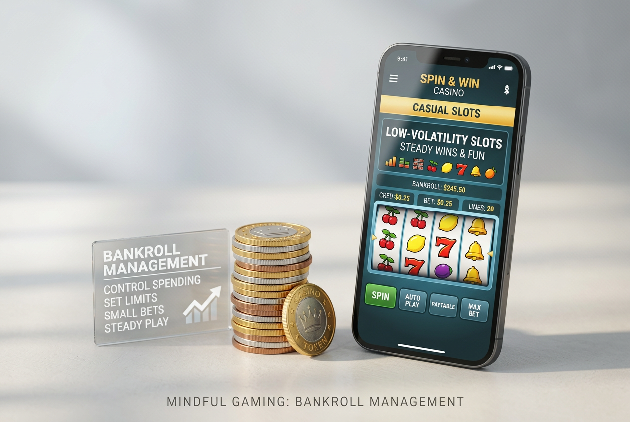 Concept of bankroll management with small stack of Czech coins and a smartphone showing a casino slot game