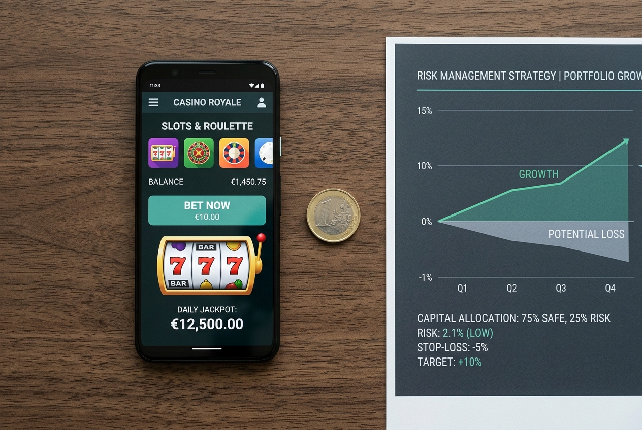 Analýza efektivity kasino vkladu 1 euro na mobilním zařízení s mincí a datovým grafem