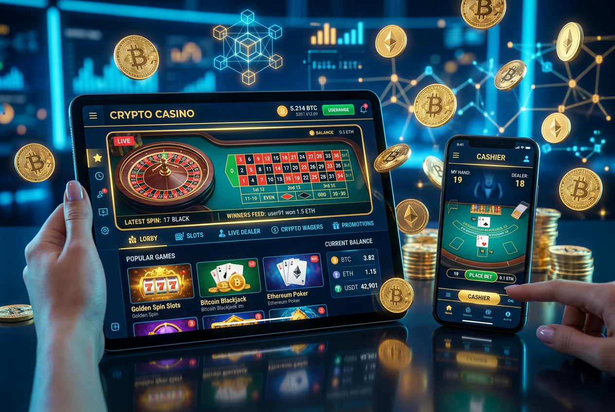 Moderní digitální rozhraní kasina na tabletu s prvky kryptoměn a blockchainu