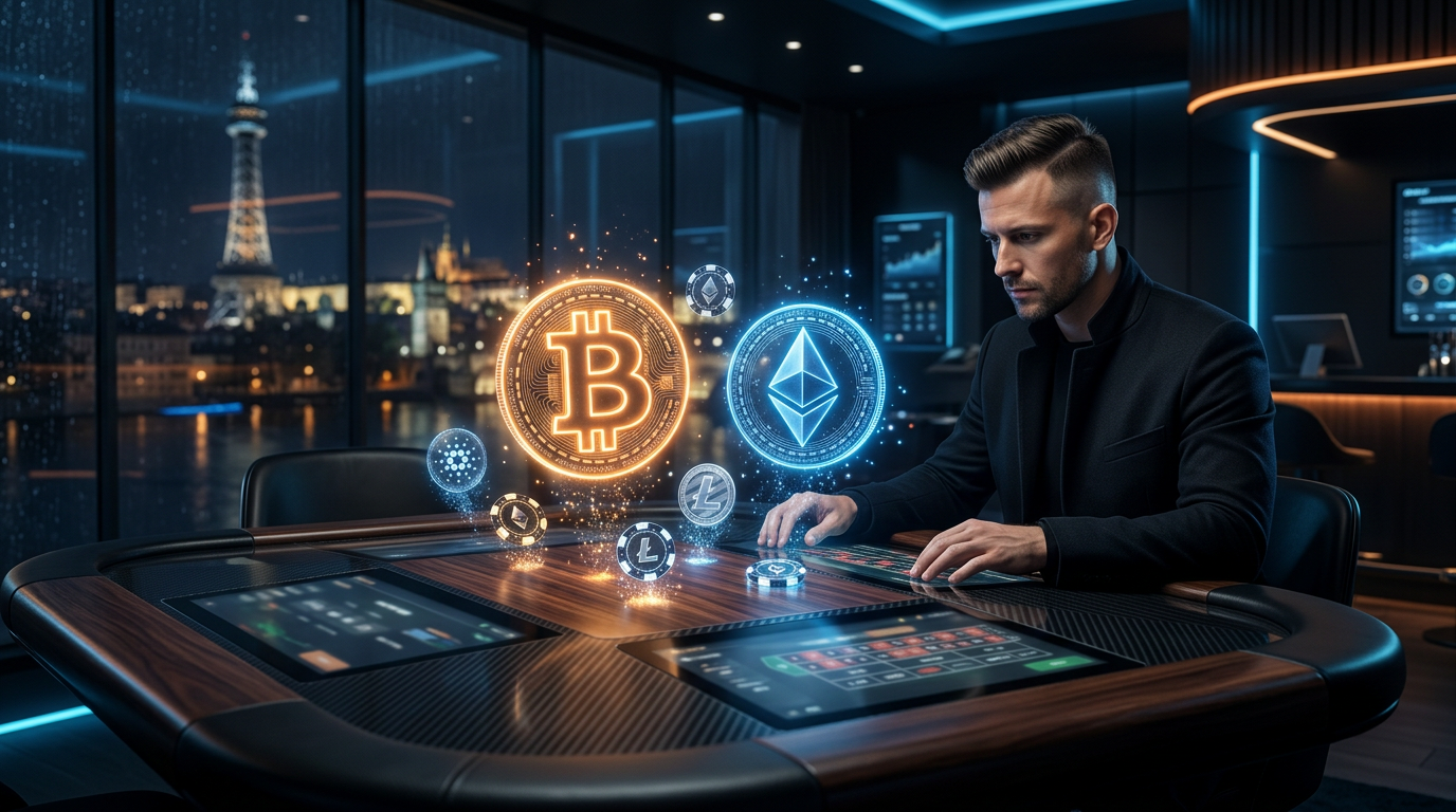 Hráč u futuristického stolu s digitálními kryptoměnami