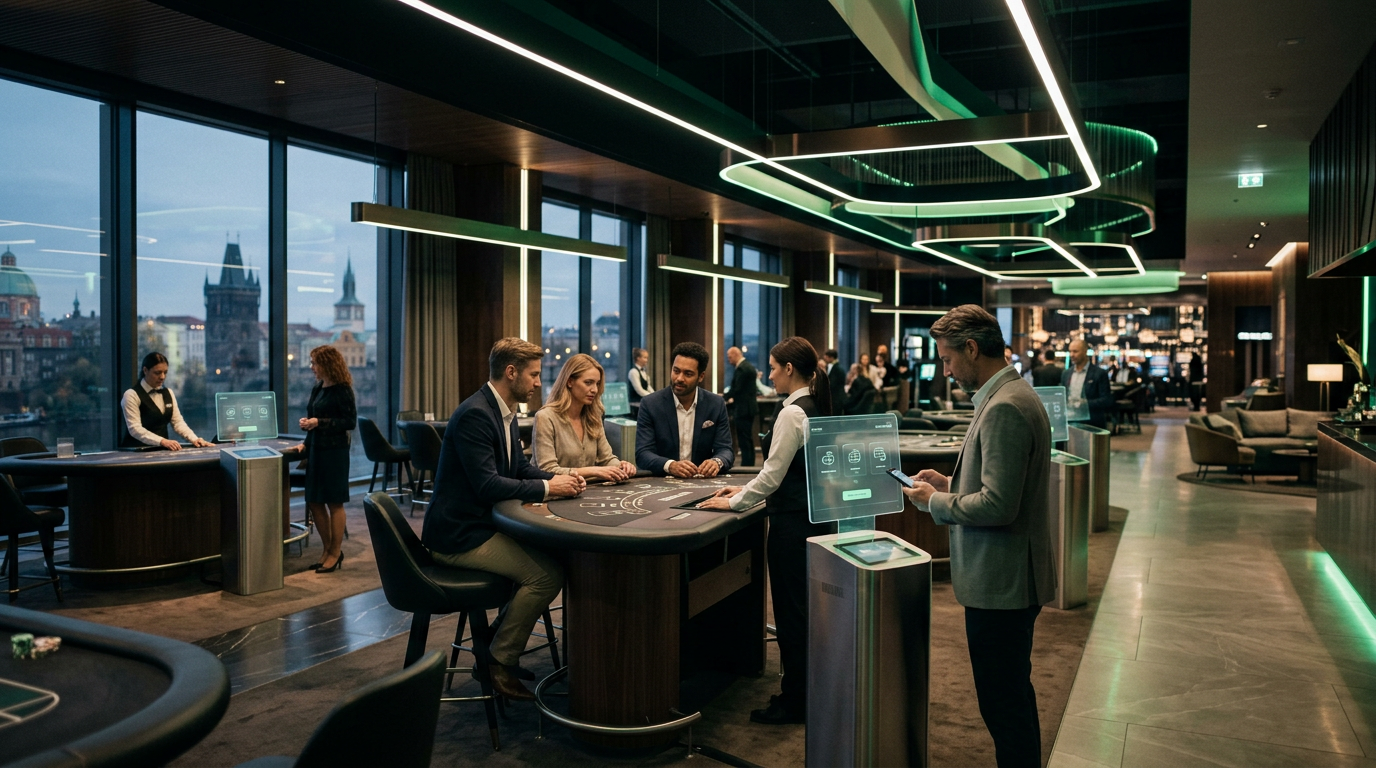 Interiér moderního kasina budoucnosti s důrazem na digitální technologie a luxusní design.