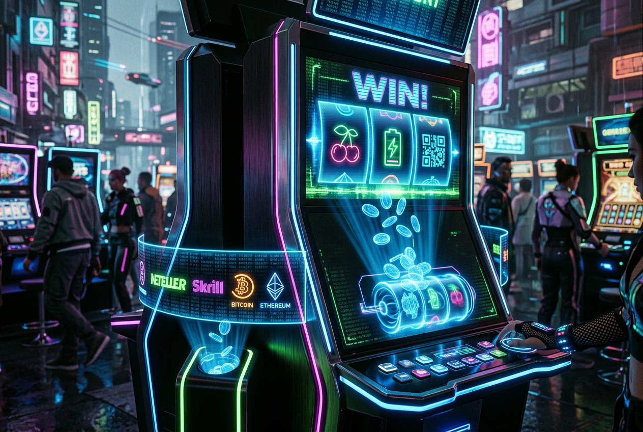 Moderní výherní automat s neonovými platebními symboly