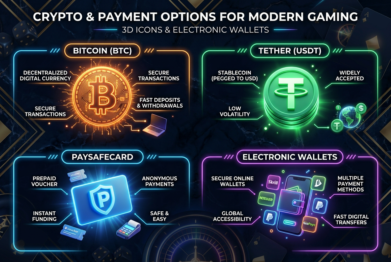 Infografika znázorňující různé ikony platebních metod jako Bitcoin, Tether a Paysafecard