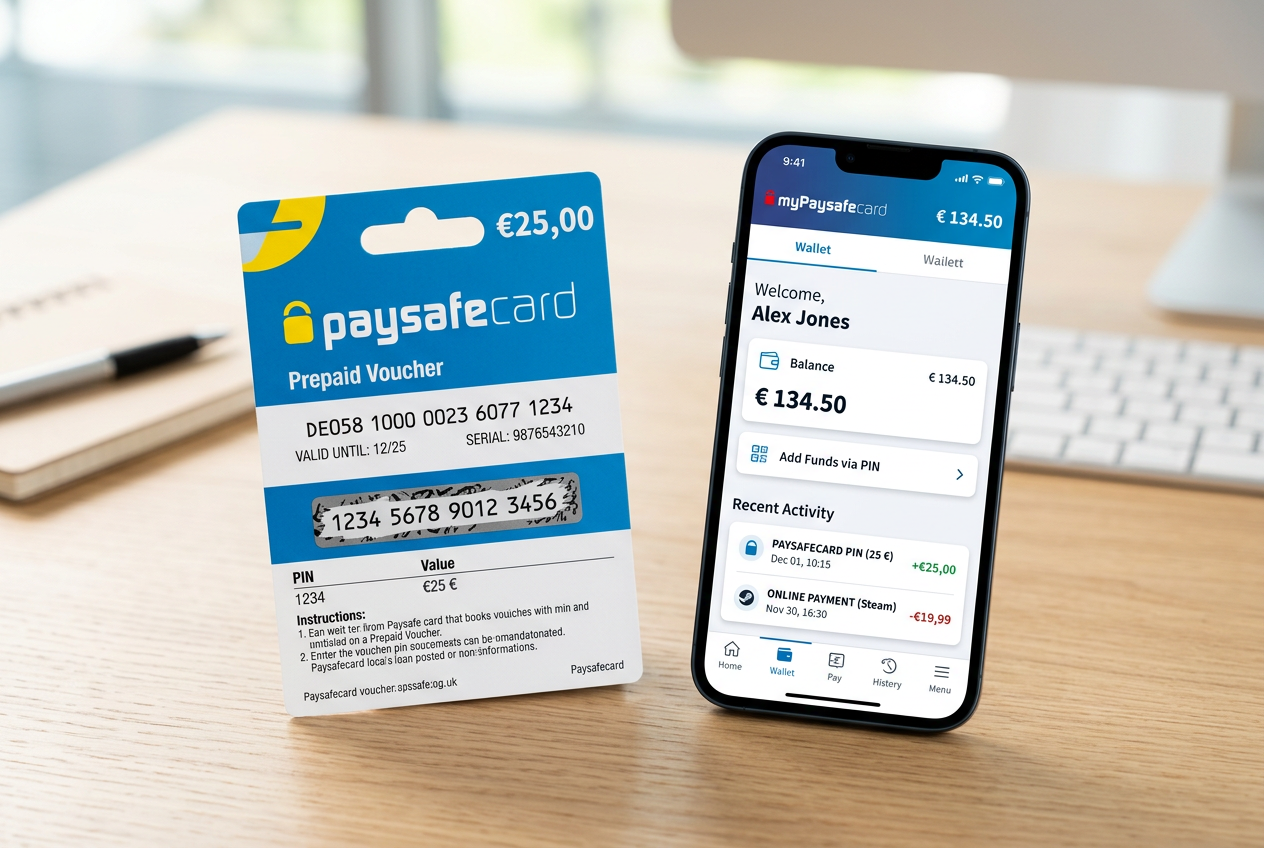 Porovnání mezi fyzickým Paysafecard kupónem a digitálním rozhraním aplikace myPaysafecard
