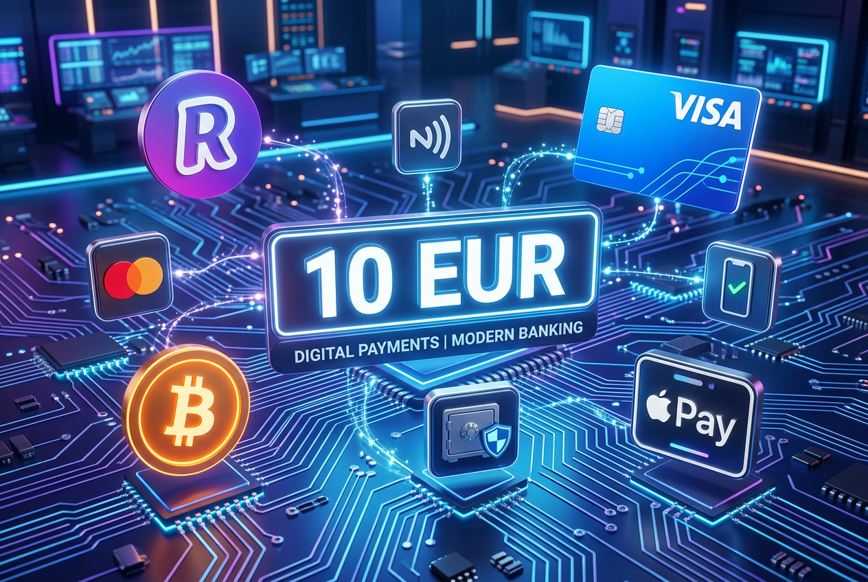 Modern infographic showing digital payment icons like Revolut, Visa, and Bitcoin on a glowing circuit background with the text 10 EUR, sleek 3D design, professional banking aesthetic