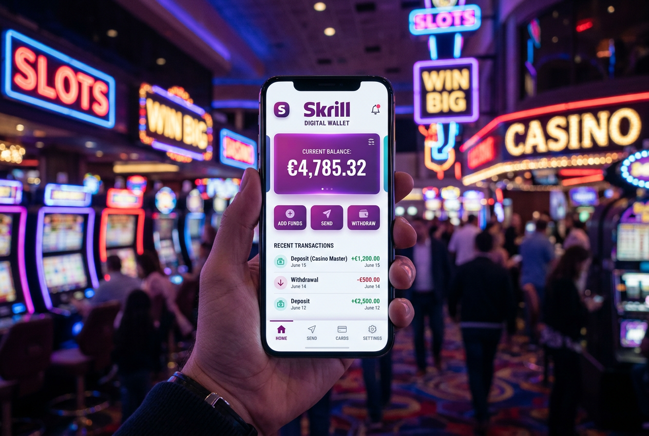 Moderní rozhraní mobilní peněženky Skrill v kombinaci s luxusním prostředím kasina